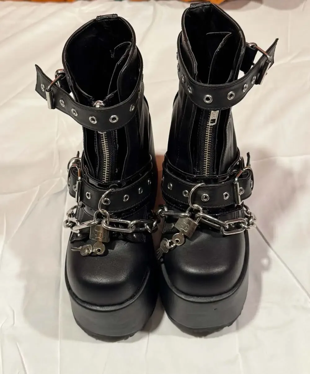 Demonia Camel-203 Black Vegan Leather Platform Boots with Chains and Padlock